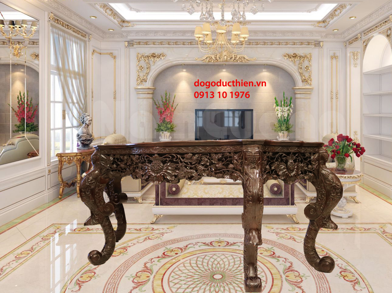 Bàn Trang Trí Cho Nhà Biệt Thự - Chạm Hoa Lá Tây Kiểu Pháp