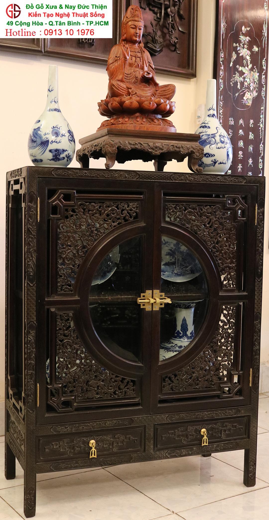 Tủ Sách Huế Chạm Cúc Hóa Long Phong Cách Cổ Điển ( Loại Nhỏ)